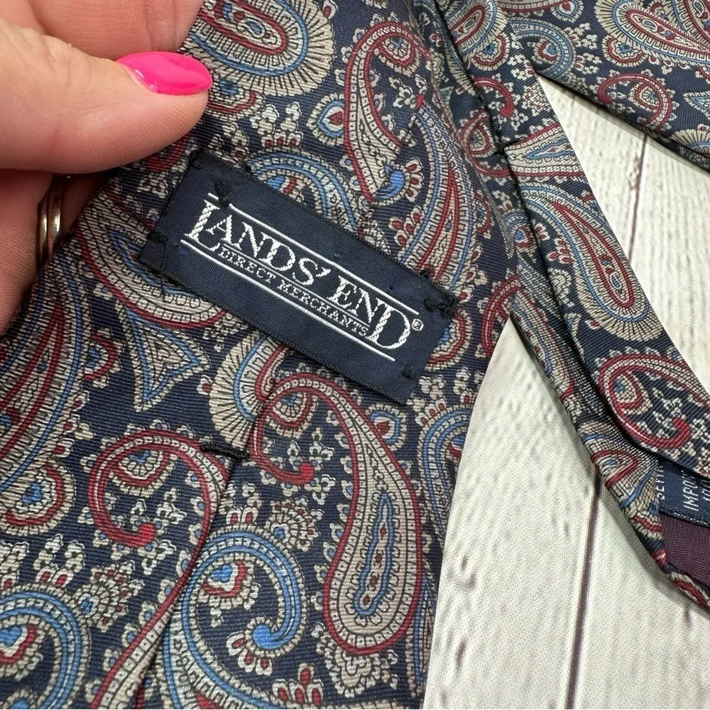 Lands' End rich jewel tone Paisley silk Tie navy red grey classic preppy